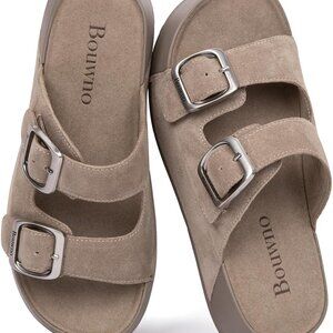 Women Leather Slide Sandals 7 Comfort Memory Foam Beach Platform Open Toe